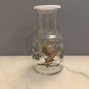 Vtg 1980s Glass Juice Carafe w/ Lid Bald Eagle Pine Trees Outdoor Cabin Canada
